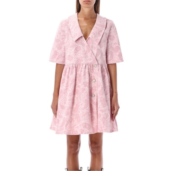 GANNI Denim Paisley Floral Boho Oversized Mini Wrap Dress 12 Pink XL (44) - Picture 3 of 16